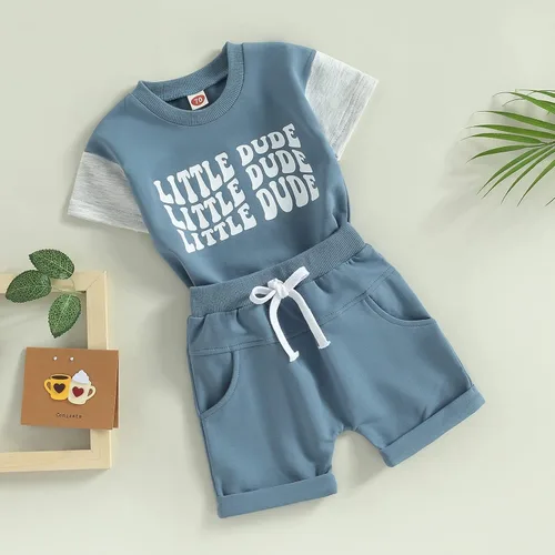 Vista 103 de Conjunto de traje de verano para bebé niño pequeño, manga corta, cuello redondo, letras impresas, lindo traje de verano, conjunto de 2 piezas