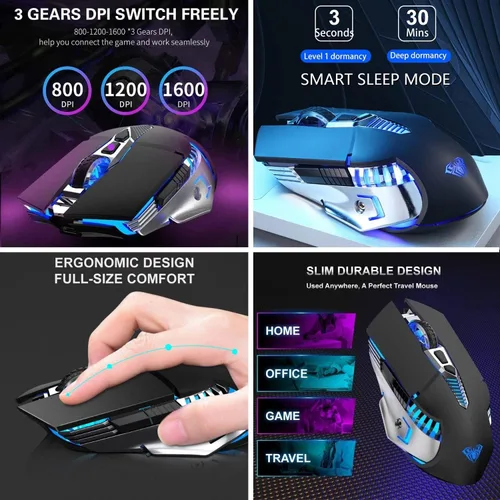 Vista 6 de Mouse Bluetooth mouse inalámbrico recargable para juegos 3 modos BT50 BT30 y USB mouse RGB de 7 colores ergonómicos para computadora con 3 niveles