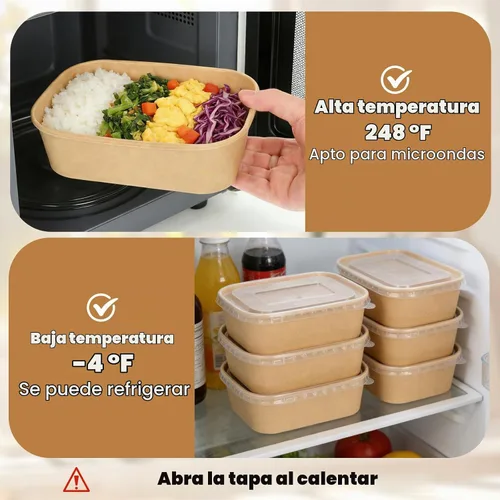 Vista 4 de Paquete de 50 cuencos desechables de papel kraft de 17 onzas con tapas, recipientes rectangulares de preparación de comidas a granel, ensaladera