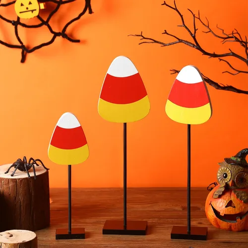 Vista 2 de 3 piezas de decoración de mesa de pie para Halloween, bandeja escalonada de madera, decoración de mesa de murciélagos y maíz, centro de mesa, juego