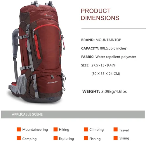 Vista 2 de MOUNTAINTOP Mochila de marco interno de 80L para hombre y mujer Mochila de senderismo con cubierta de lluvia Granate-80l