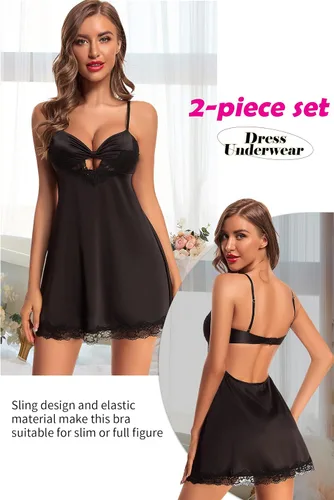 Vista 4 de Camisón de satén para mujer, ropa de dormir de seda, lencería de encaje, camisón de noche sexy para novia