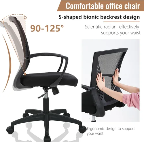 Vista 4 de Silla de oficina FDW para el hogar, con respaldo de altura media, para computadora, con soporte lumbar giratorio, ajustable, para trabajo, Negro