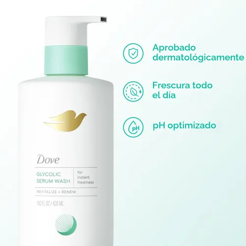 Vista 6 de Dove Gel de baño de suero glicólico para mujer, para renovación de la piel, hidratación y control de olores, aroma a lirio de agua dulce, 14.2 onzas