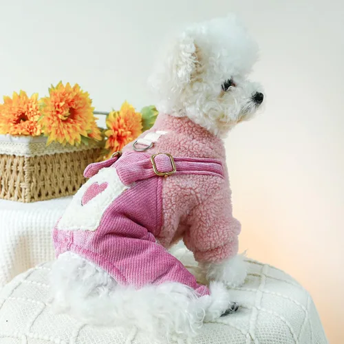 Vista 6 de Ropa para cachorros, pijamas para perro, trajes de invierno, abrigo para perros pequeños, overol de forro polar con patrón de corazón, pantalones