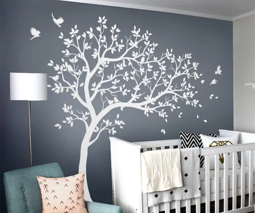Vista 13 de Calcomanías de pared para árbol grande, calcomanías de árbol inclinado con pájaros, mural de vinilo decorativo KW032