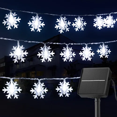 Vista 8 de Brightown Guirnalda de luces solares de copo de nieve de Navidad, 2 unidades, 100 luces LED de 39 pies para exteriores, impermeables, con 8 modos