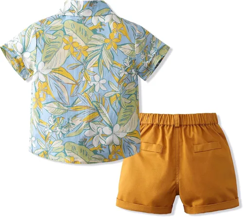 Vista 2 de Kimocat Conjunto de ropa casual para niño estampado beige camisa abotonada manga corta+pantalones blancos