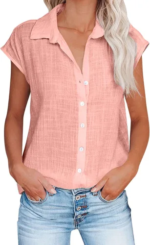 Vista 37 de Ceboyel Camisas para mujer de moda de verano, algodón, lino, manga corta, cuello con botones, blusa casual para mujer 2023