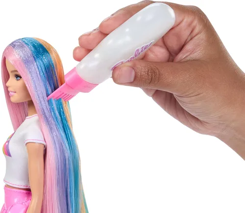 Vista 3 de Barbie Rainbow Sparkle - Muñeca para el cabello, extra larga y colorida con 12 accesorios de peinado como tubo de purpurina, cepillo, clips, secador