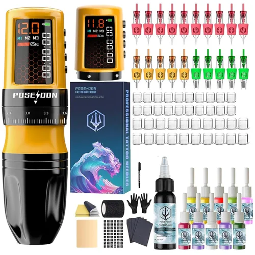 Vista 8 de Kit de pistola de tatuaje inalámbrica POSEIDON 2 baterías 7 tiempos Negro