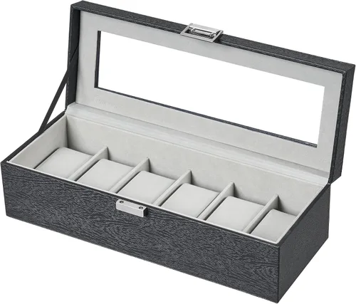 Vista 8 de Caja de reloj, regalos de Navidad, caja de reloj de 6 ranuras con tapa de vidrio grande, almohadas de reloj extraíbles, organizador, regalo