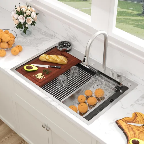 Vista 38 de Sarlai - Fregadero de cocina de cascada de 31 pulgadas, de montaje superior - 31x20 Fregadero de cocina con borde y estación de trabajo, de acero
