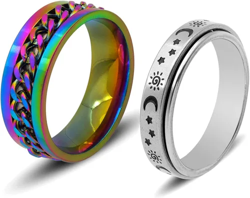 Vista 8 de Juego de anillos de acero inoxidable para mujeres y hombres, anillos de ansiedad, luna y estrella, anillo para aliviar la ansiedad y el estrés
