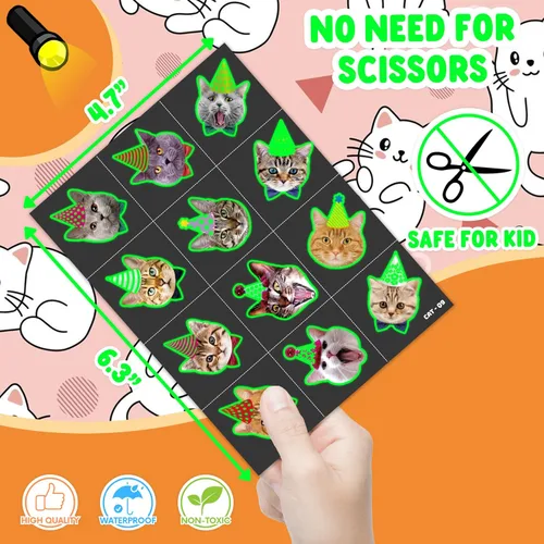 Vista 6 de 96 piezas de tatuajes temporales de gatos que brillan en la oscuridad para niños, calcomanías de tatuaje luminosas falsas para mascotas súper lindas
