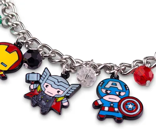 Vista 3 de The Avengers Chibi Form Characters - Pulsera esmaltada de 0.591 in Pulsera de cadena con acabado de plata pulida con cuentas