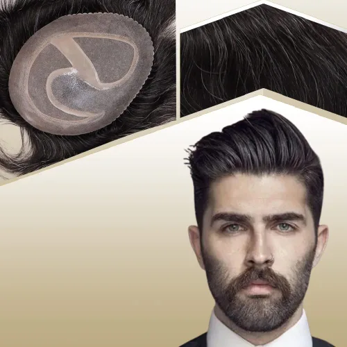 Vista 13 de Toupee para hombres sistemas de reemplazo de cabello humano real europeo para hombres, postizos finos, centro de encaje, piel más gruesa, pieza