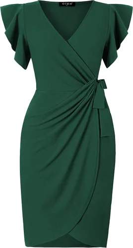 Vista 2 de oten - Vestido tubo cruzado de imitación para mujer, escote en V profundo, manga con volantes, estilo casual, para cóctel, fiesta, trabajo