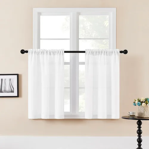Vista 29 de Cortinas de cocina de lino semitransparente beige de 24 pulgadas de largo, 2 paneles Cream, Cafe Short Curtains, for Bathroom Small Windows, Light