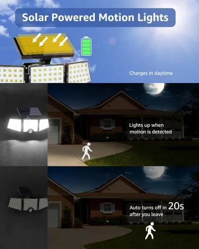 Vista 2 de LE - Luces solares para exteriores, luces solares para exteriores con sensor de movimiento, alto brillo WL4000, 3 cabezales ajustables ángulo
