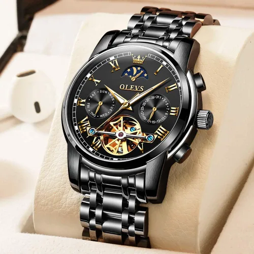 Vista 8 de OLEVS Relojes mecánicos automáticos para hombre, cuerda automática, impermeable, acero inoxidable, relojes de pulsera para hombre, reloj de lujo