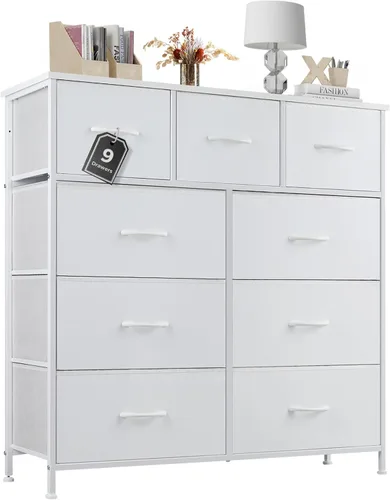 Vista 26 de Sweetcrispy Cómoda para dormitorio, cómoda de tela con 8 cajones, cómoda para armario, sala de estar, marco de acero resistente, parte superior