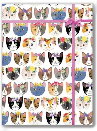 Vista 2 de Colors of Rainbow Papel de Regalo de Hoja Plana con Lindos Gatitos Usando Coronas de Flores con un Toque Floral (Gato Gatito)