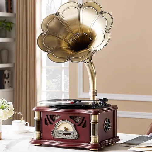 Vista 13 de Gramófono vintage con salida Bluetooth, tocadiscos vintage, tocadiscos retro para discos de vinilo de 7, 9, 12 pulgadas, 3 velocidades, alta Negro