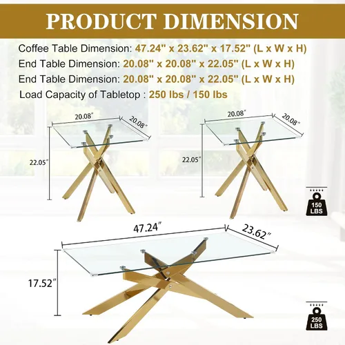Vista 2 de Juego de mesa de sala de estar de 3 piezas, incluye 1 mesa auxiliar rectangular de vidrio con 2 mesas auxiliares cuadradas, juego de 3 mesas