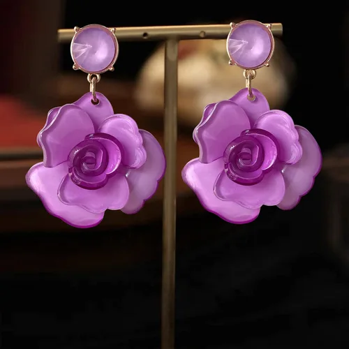 Vista 8 de Aretes colgantes de resina de gran tamaño, bohemios, únicos, delicados, de lujo, de gran tamaño, con flores grandes, pétalos florales para mujer