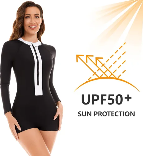 Vista 3 de NESY Traje de baño de una pieza de manga larga para mujer, traje de baño de protección contra erupciones, pantalones cortos UPF 50+, traje de baño