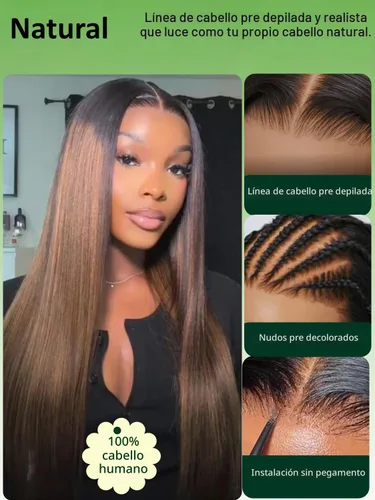 Vista 3 de KLAIYI Pre Everything™ Yaki - Pelucas de cabello humano lacio Yaki sin pegamento con reflejos degradados, color marrón balayage, encaje frontal