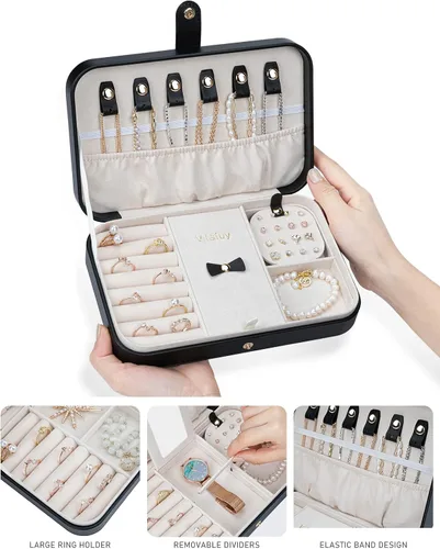 Vista 2 de V-LAFUY Joyero pequeño joyero de viaje cajas de joyería portátiles para mujer organizador de viaje de joyería de 2 capas regalo para mujeres y niñas