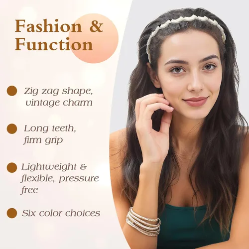 Vista 6 de Auseibeely 6 diademas en zigzag para mujer, diadema ondulada antideslizante con dientes, diadema de plástico en forma de U para niñas, adolescentes