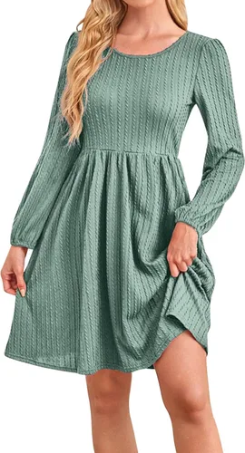 Vista 11 de Zaswen Vestido casual de punto para mujer, cuello redondo, manga larga, acampanado, vestidos de color sólido con bolsillos para primavera y otoño