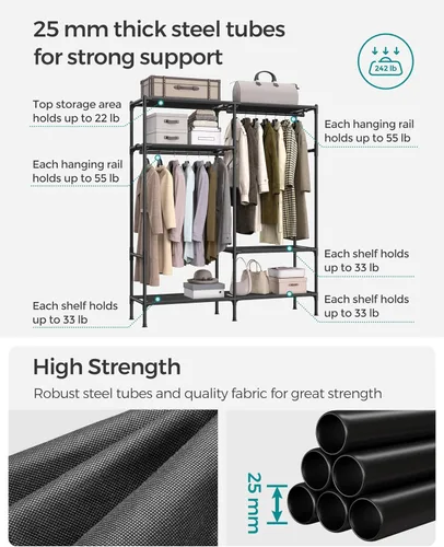 Vista 4 de SONGMICS Perchero de ropa resistente, armario portátil independiente de 65 pulgadas con rieles y estantes colgantes, carga total de 242 libras