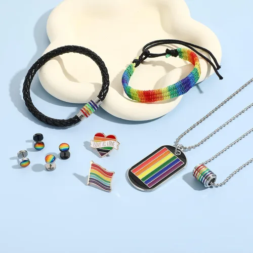 Vista 4 de BUREI Juego de joyas del orgullo, accesorios LGBTQ, pulseras de orgullo gay, collares de orgullo para parejas, aretes de arco iris, calcomanías