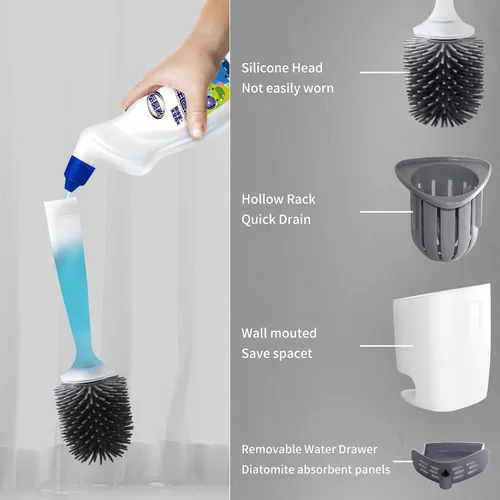 Vista 12 de Cepillo limpiador de inodoro de silicona, kit de cuenco de limpieza de baño, cepillo de inodoro de montaje en pared, cepillo de inodoro recargable