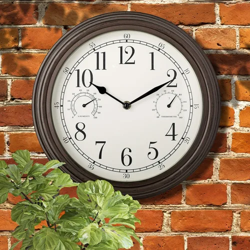 Vista 5 de Westclox Reloj de pared para interiores y exteriores con medidores de temperatura y humedad, resistente a la intemperie, precisión de cuarzo Bronce