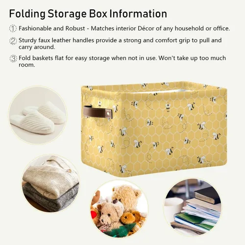Vista 5 de Cesta de almacenamiento en cubo amarillo con peine de abeja y miel, caja de almacenamiento plegable grande para juguetes, organizador de lavandería