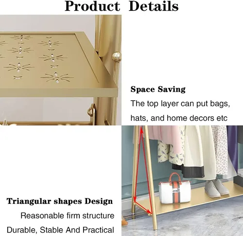 Vista 2 de Perchero industrial dorado independiente con estantes dobles, perchero móvil resistente para organizar ropa y zapatos (47 pulgadas de largo)