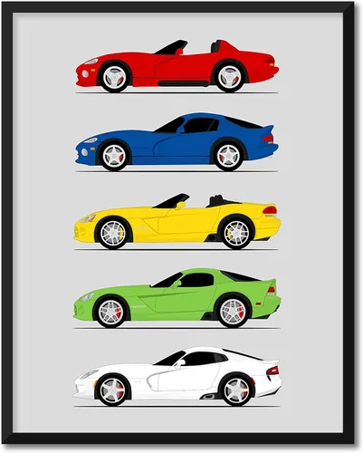 Vista 15 de Custom Car Posters Póster hecho a mano compatible con Dodge Viper Generations e impresión de Viper R/T GTS SRT10, color rojo con rayas blancas, 3.