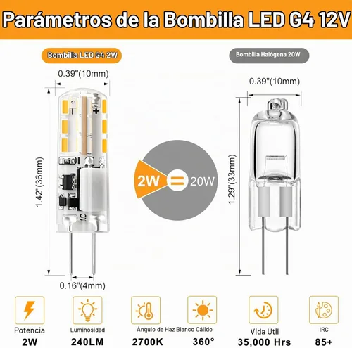 Vista 2 de Bombilla LED G4 de 12 V (CA/CC) 2 W - Blanco cálido 2700 K, no regulable, base de dos pines, paquete de 10 – Reemplazar bombillas halógenas de 10