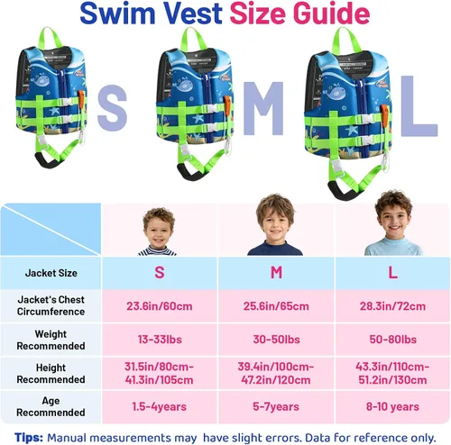 Vista 6 de HeySplash Chaleco de natación para niños pequeños, chaqueta de natación para niños de 30-50/50-80 libras, chaleco flotante para niños con correa