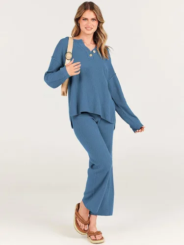 Vista 4 de ANRABESS Conjunto de 2 piezas para mujer, conjunto de suéter holgado holgado de punto de gran tamaño, conjunto de ropa de descanso a juego de moda