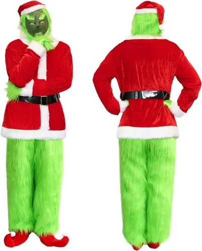 Vista 5 de iBccly Disfraz de monstruo verde 7 unidades máscara de sonrisa y sombrero de Navidad pantalones peludos traje de Papá Noel atuendo verde para adultos