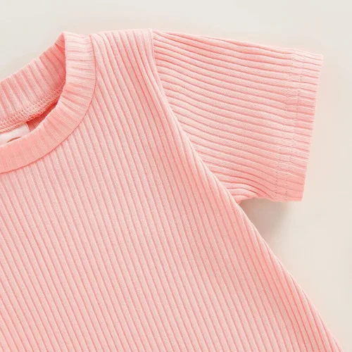 Vista 6 de BULINGNA Mameluco de verano para bebé, niña, niño, cuello redondo, color liso, de punto, acanalado, traje corto de una pieza