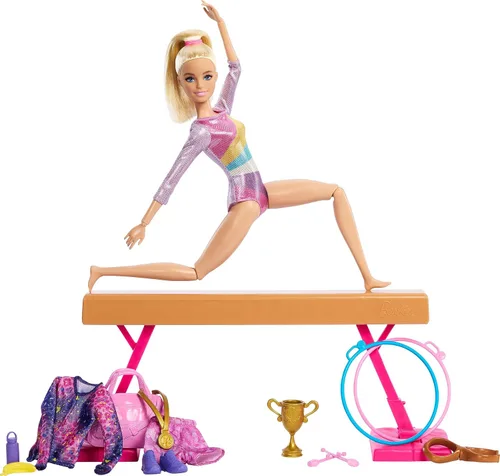 Vista 5 de Muñeca de gimnasia Barbie y accesorios, juego con muñeca rubia de moda, clip en C para acción de volteretas, barra de equilibrio, traje