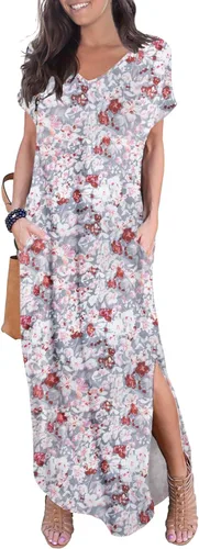 Vista 8 de GRECERELLE - Vestido largo para mujer, holgado, con bolsillos, manga corta y abertura lateral, estilo informal Verde militar