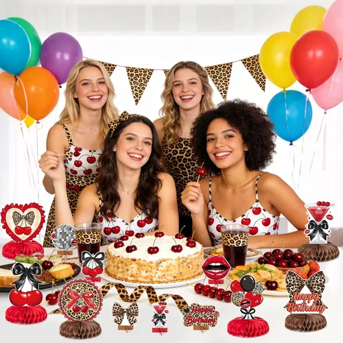 Vista 5 de Haooryx Centros de mesa de panal de cereza, guepardo rojo, 12 piezas, estampado de leopardo, lazo negro, decoración de mesa para fiesta